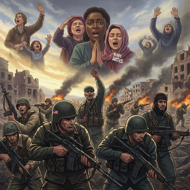 The Devastation of War: Diverse Soldiers Fighting Amidst Pleas for Justice The Devastation of War: Diverse Soldiers Fighting Amidst Pleas for Justice