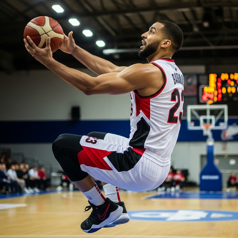 Skilled Basketball Player Layup in Red, White & Black Uniform