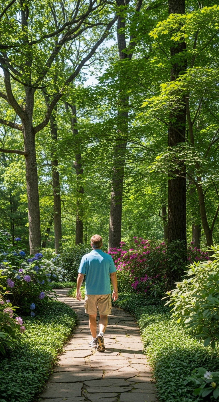 Healthy Middle-Aged Man Walking in Serene Green Park