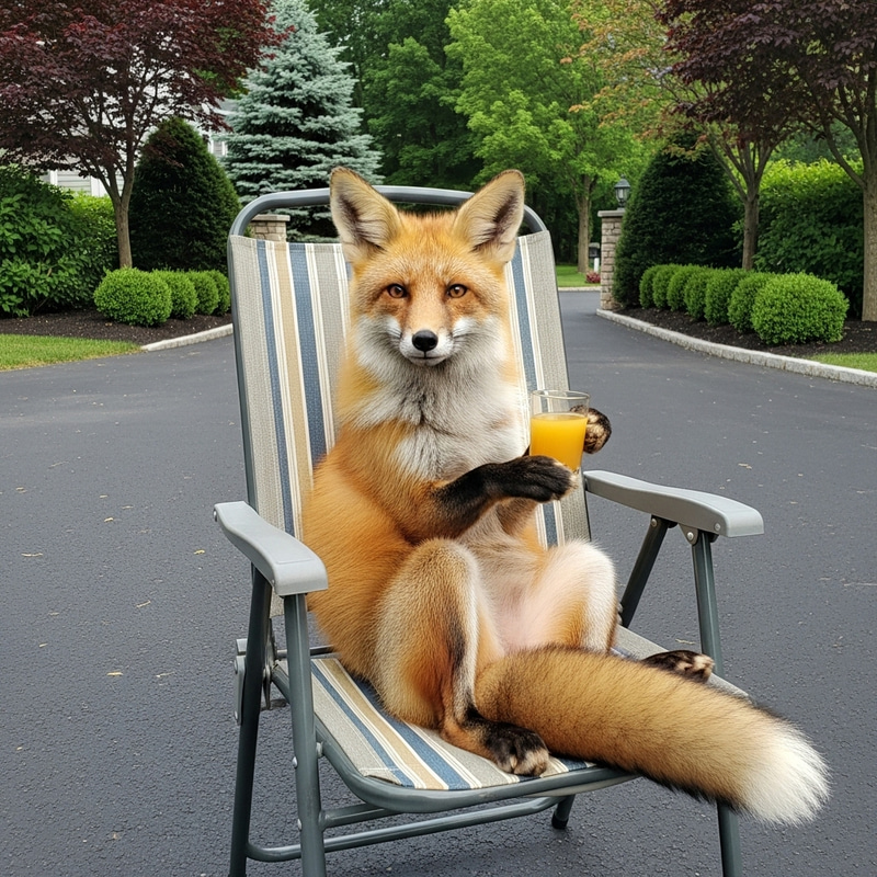 Clever Fox Relaxing in Suburban Driveway with Juice Glass Clever Fox Relaxing in Suburban Driveway with Juice Glass