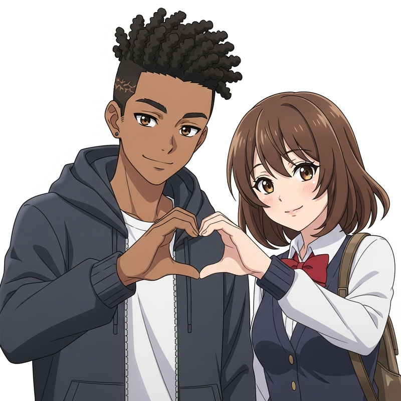 African American Anime Teenagers with Hand Heart Gesture
