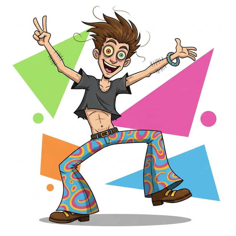 Crazyman: Wild-Eyed Cartoon Character Dancing in Bell-Bottom Trousers Crazyman: Wild-Eyed Cartoon Character Dancing in Bell-Bottom Trousers