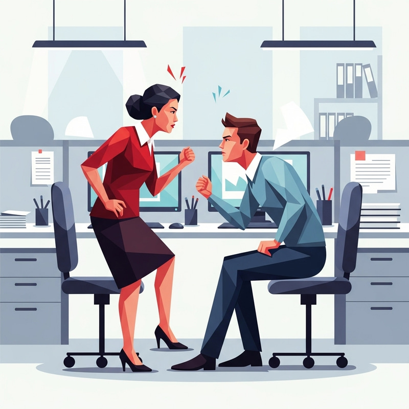 Abstract Office Confrontation: Vibrant Interplay of Shapes and Tensions