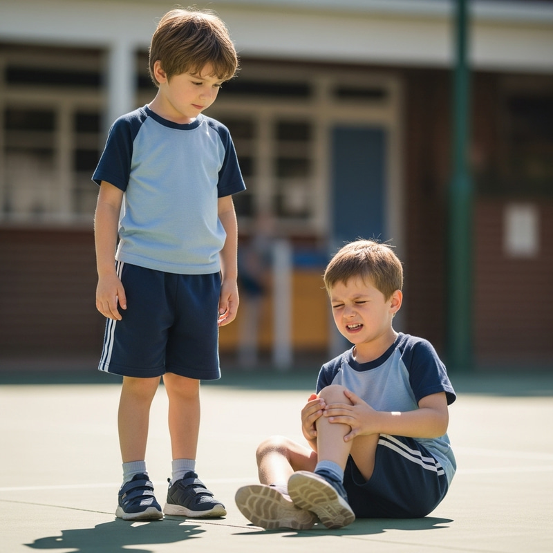School Playtime: A Boy Observing His Friend's Fall
