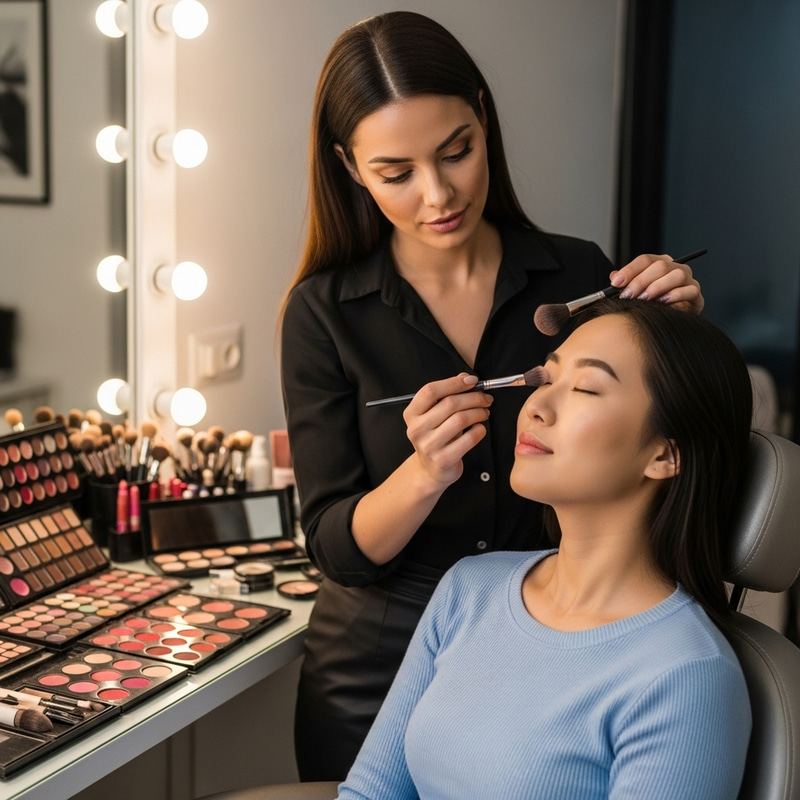 Stunning Makeup Artist with Client at Exclusive Parlor