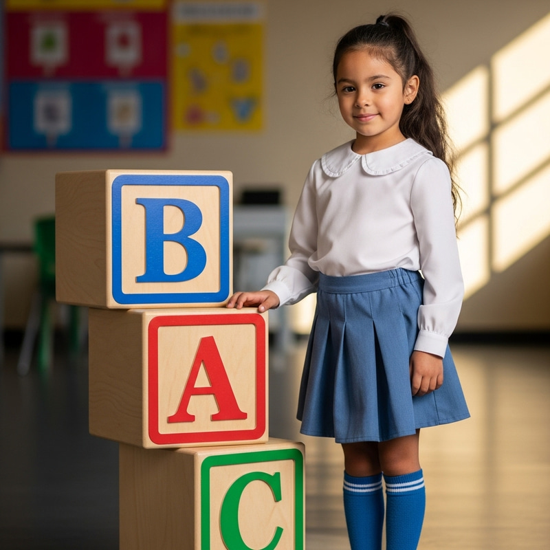 Beautiful Hispanic Girl in School Uniform Next to ABC Letter Blocks Beautiful Hispanic Girl in School Uniform Next to ABC Letter Blocks