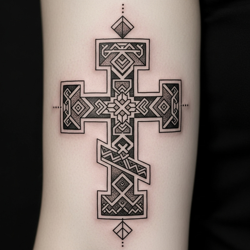 Slavic Cross Tattoo with Geometric Elements Slavic Cross Tattoo with Geometric Elements
