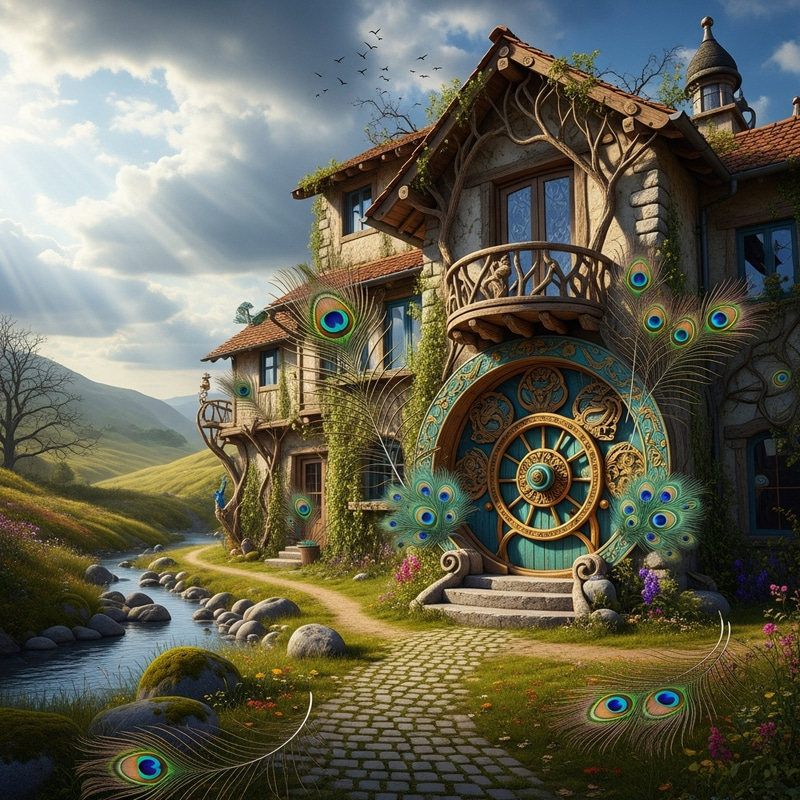 Unique Large House with Peacock Feathers and Circular Door