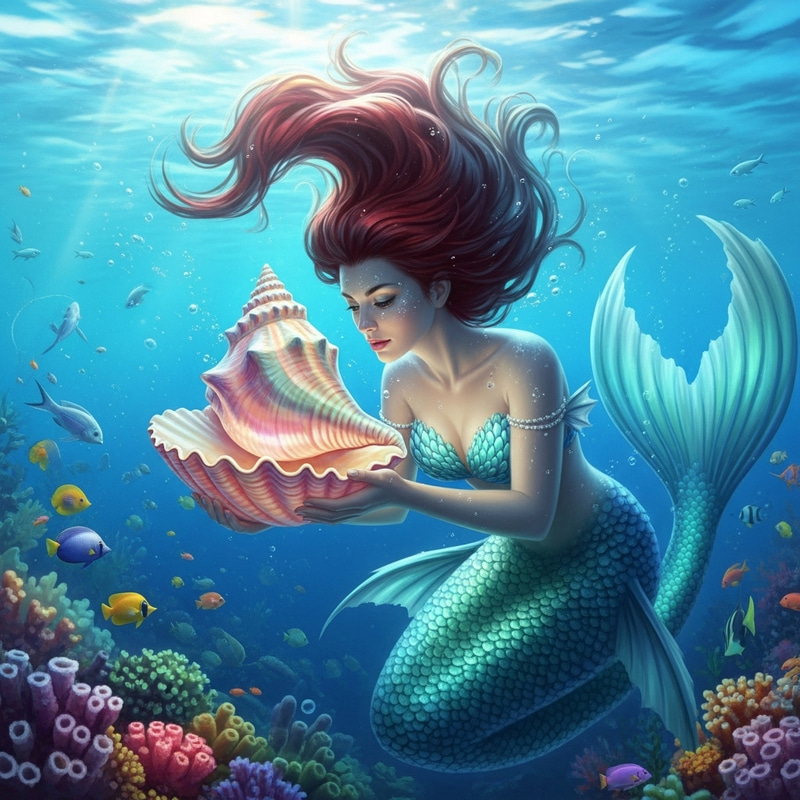 Fantasy Mermaid Holding a Seashell - Mystical Underwater Fantasy Mermaid Holding a Seashell - Mystical Underwater