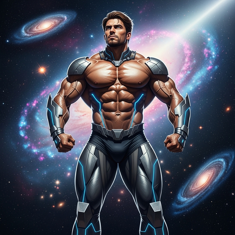 Galactic Hero: Epic Pose of Arnold Schwarzenegger in Cosmic Galaxy Galactic Hero: Epic Pose of Arnold Schwarzenegger in Cosmic Galaxy