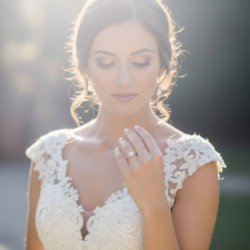 Stunning Bride with Solitaire Engagement Ring, Dreamy Romantic Style