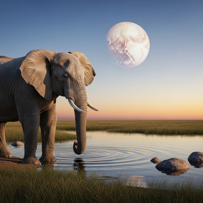 Majestic Elephant near Serene Water with Planet Pluto Views Majestic Elephant near Serene Water with Planet Pluto Views