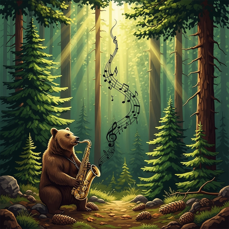 Tranquil Brown Bear Playing Saxophone in Lush Green Forest