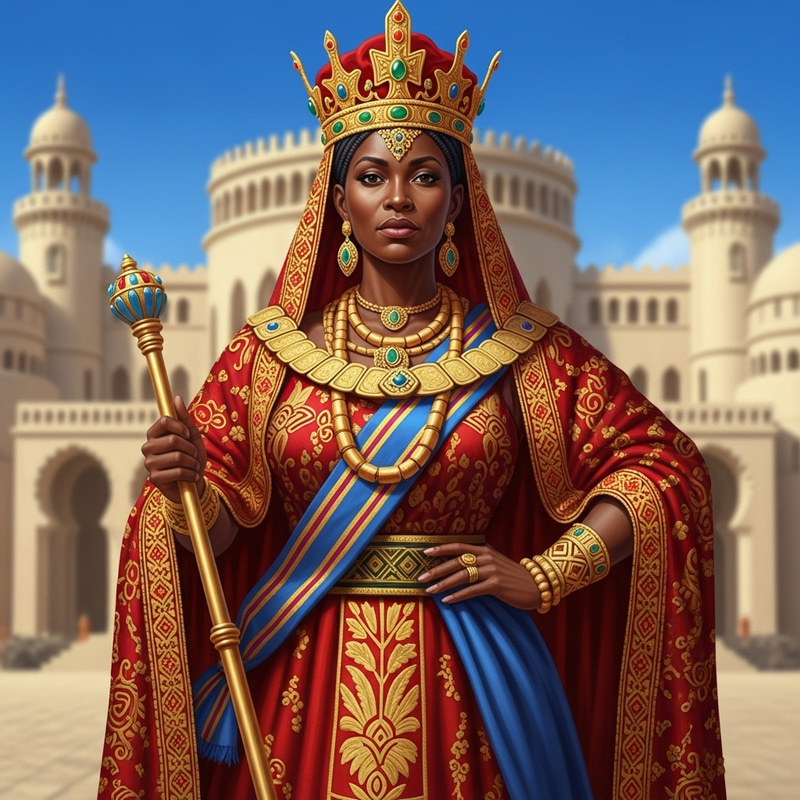 African Queen with Regal Red and Gold Robes | Majestic Crown