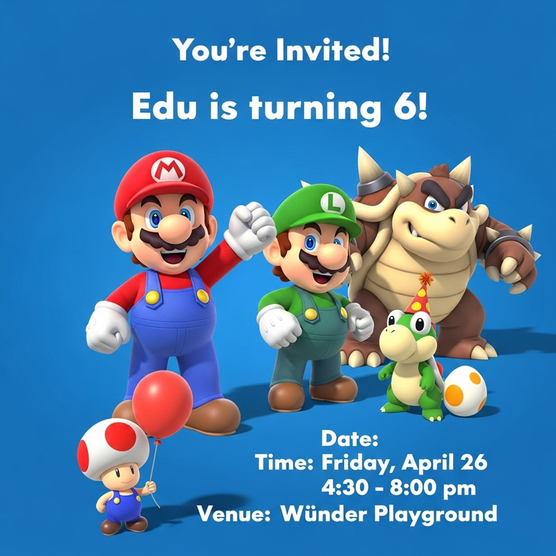 Kid's Mario Bros Themed Birthday Invitation at Wünder Playground Kid's Mario Bros Themed Birthday Invitation at Wünder Playground