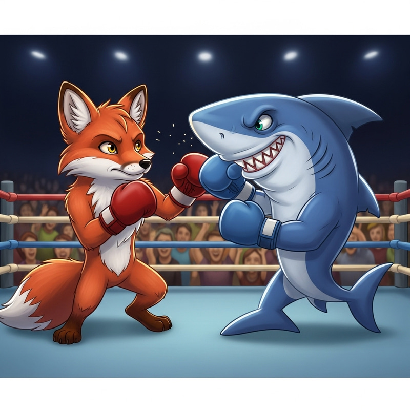 Cartoon Fox Vs Shark: Playful Boxing Match in Traditional Ring Cartoon Fox Vs Shark: Playful Boxing Match in Traditional Ring