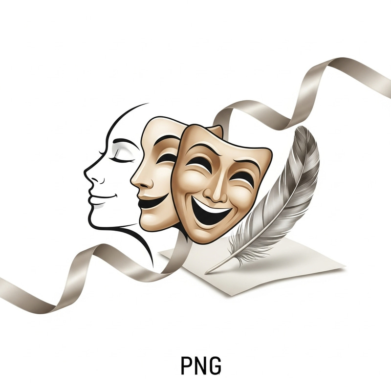 Elegant Human Face and Theatrical Mask Logo with Goose Feather in PNG Elegant Human Face and Theatrical Mask Logo with Goose Feather in PNG