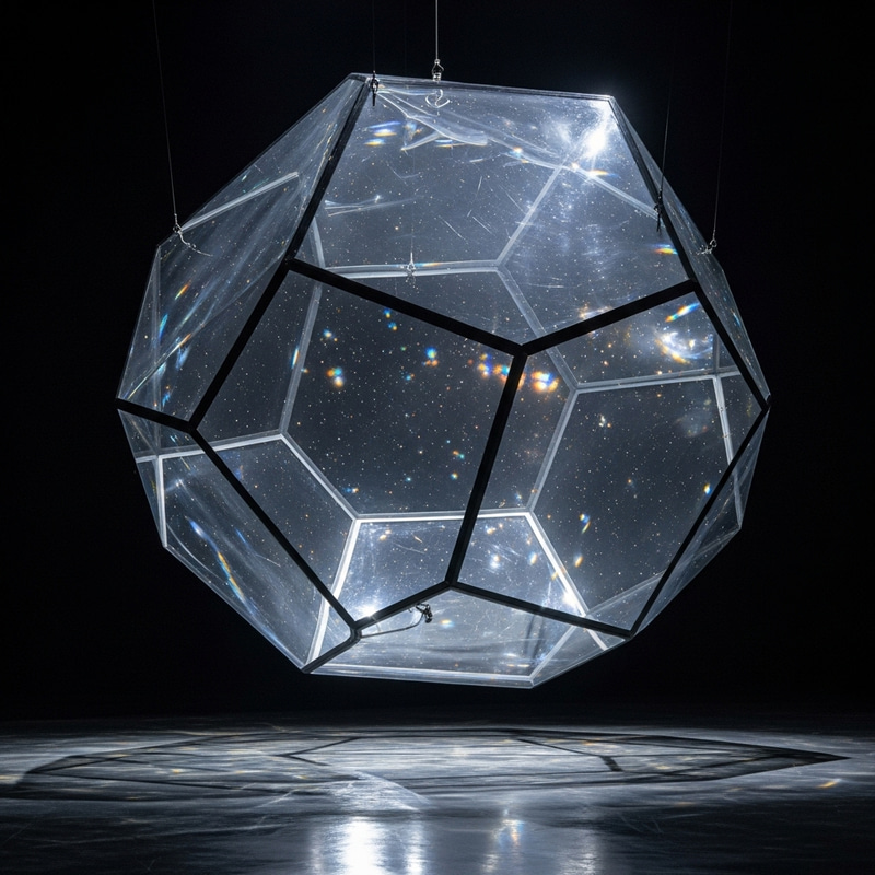 Dazzling 50-Foot Clear Glass Dodecahedron Suspended 10 Feet in Space Dazzling 50-Foot Clear Glass Dodecahedron Suspended 10 Feet in Space