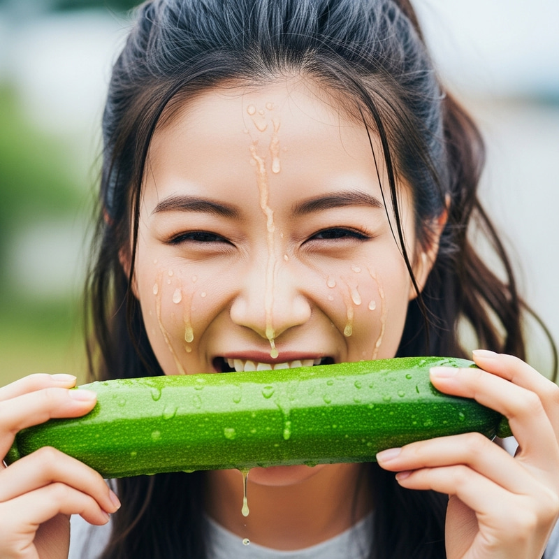 Realistic Photo of Asian Woman Eating Juicy Courgette Realistic Photo of Asian Woman Eating Juicy Courgette