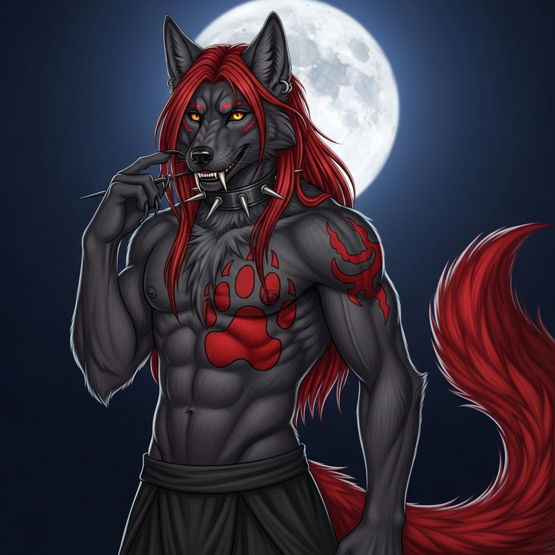 Ultra-realistic Male Wolf with Red Hair, Amber Eyes, and Spiked Collar Ultra-realistic Male Wolf with Red Hair, Amber Eyes, and Spiked Collar