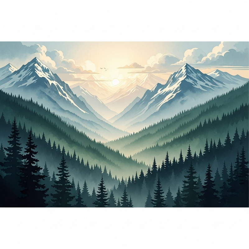 Serene Mountain Landscape Watercolor Art Serene Mountain Landscape Watercolor Art