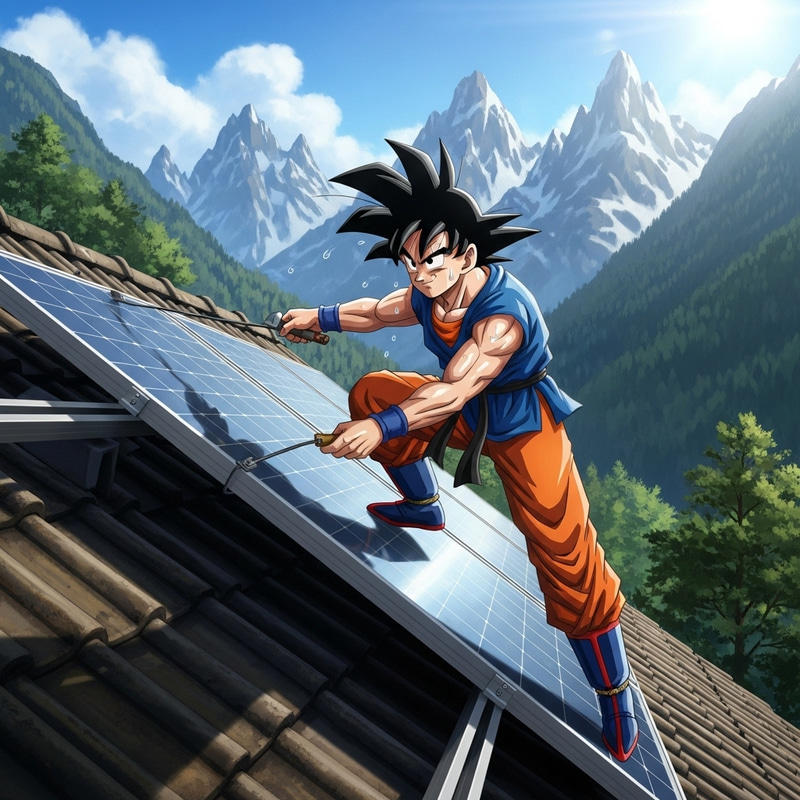Fictional Character Installing Solar Panel in Mountain Setting Fictional Character Installing Solar Panel in Mountain Setting