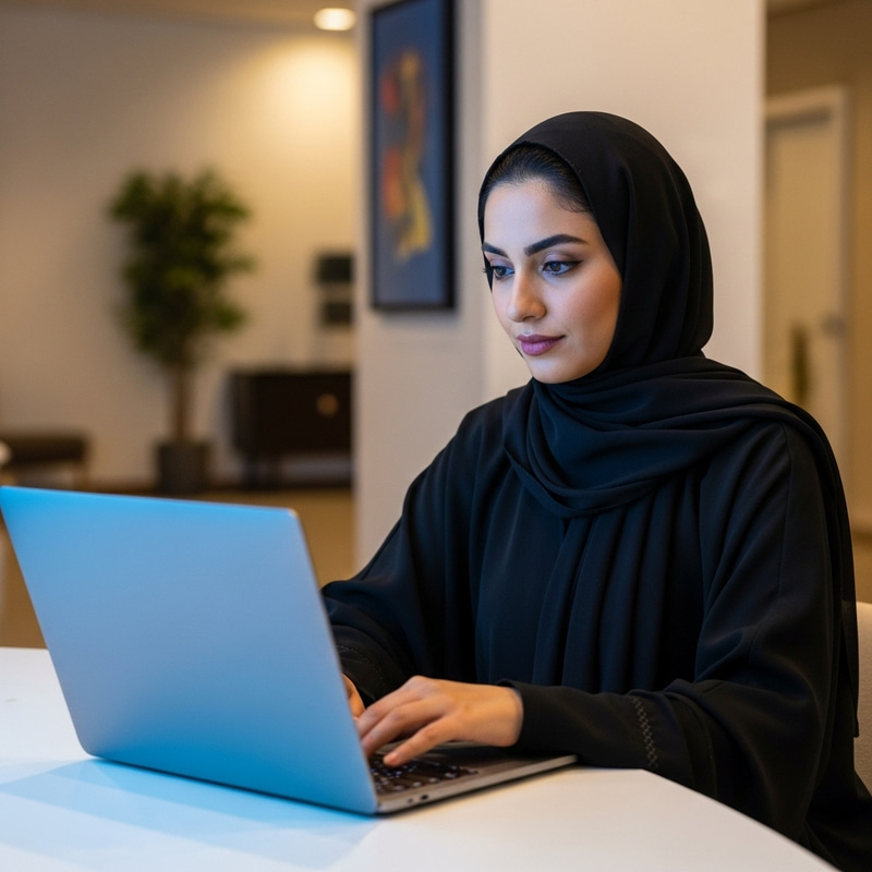 Hijabi Girl Working with Laptop | Dedicated Professional in Modern Setting Hijabi Girl Working with Laptop | Dedicated Professional in Modern Setting