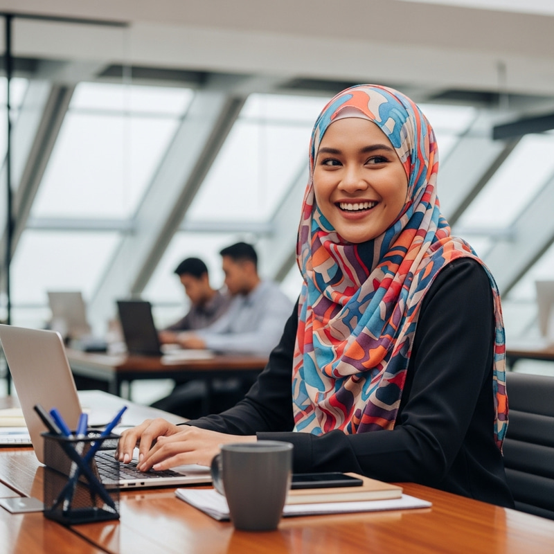 Joyful 28-Year-Old Malay Woman in Hijab at the Office Joyful 28-Year-Old Malay Woman in Hijab at the Office