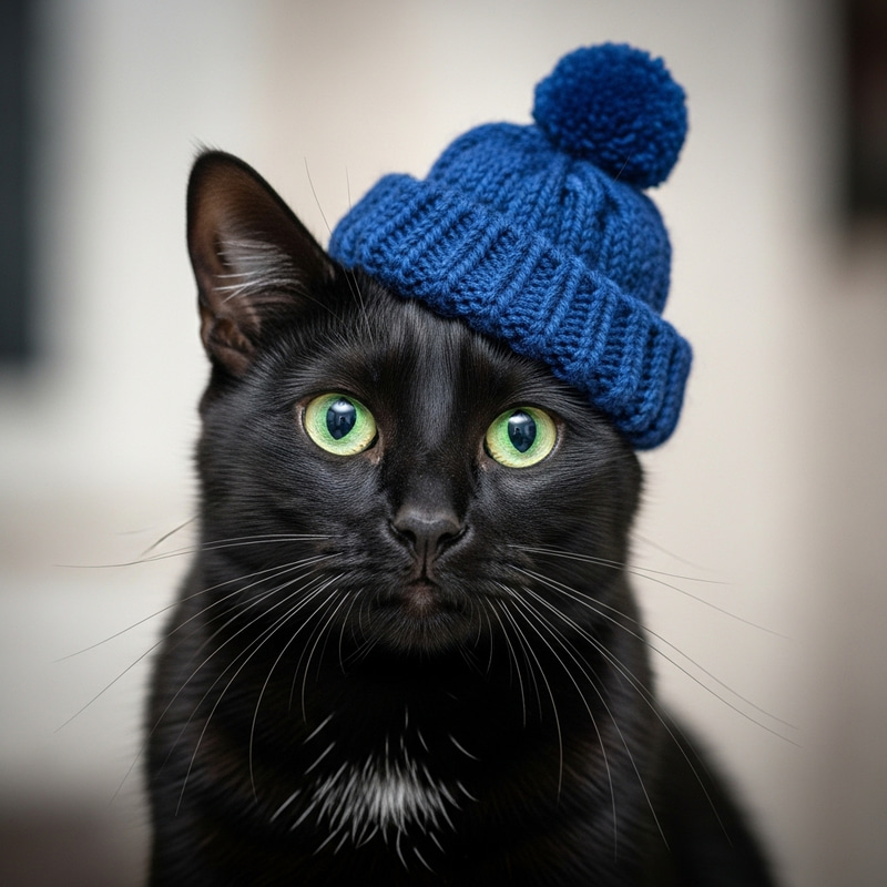 Black Cat with Green Eyes and Blue Hat