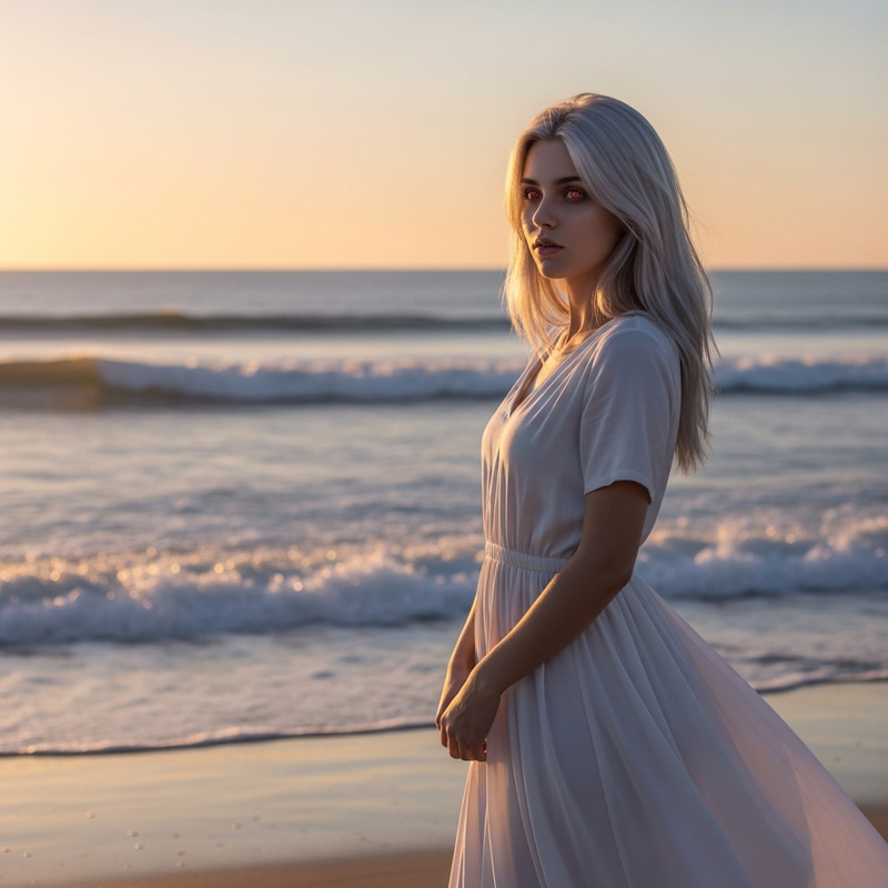 Palid-Skinned Girl with Silver Hair on Beach | Ethereal Beauty Palid-Skinned Girl with Silver Hair on Beach | Ethereal Beauty