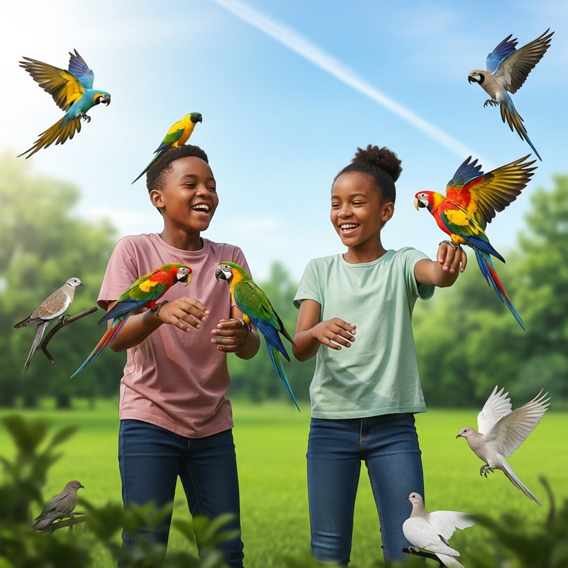 Children Playing with Birds: Joyful Scene in Africa Children Playing with Birds: Joyful Scene in Africa