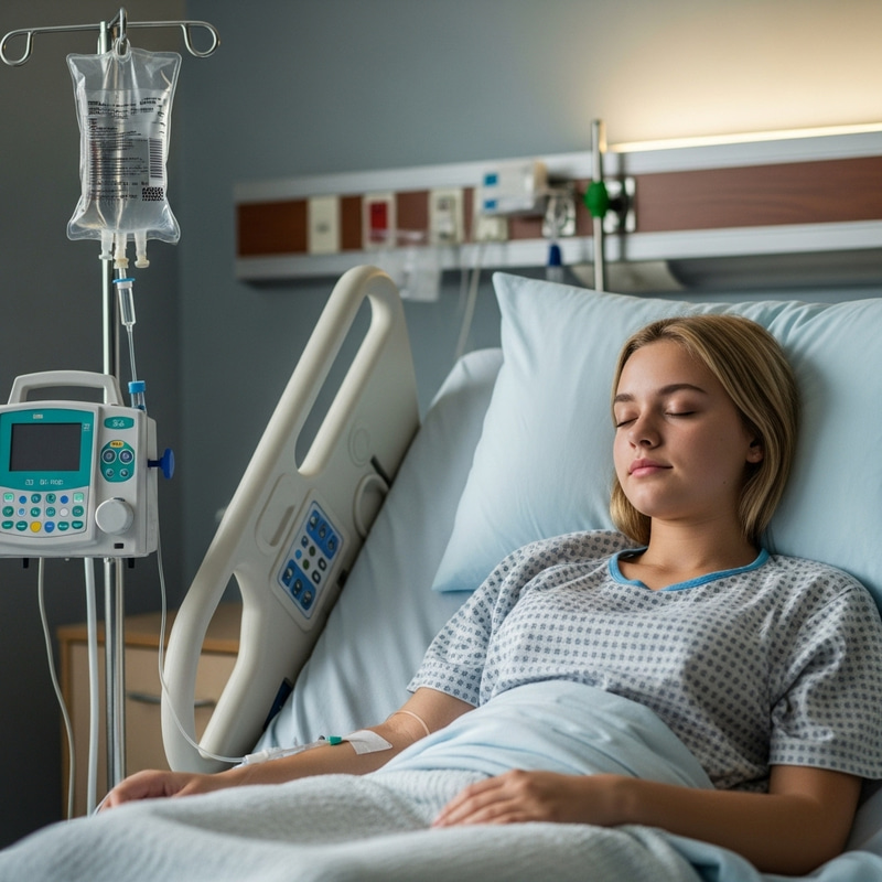 Serene Teen Girl in Hospital Bed with IV | Ambient Setting Serene Teen Girl in Hospital Bed with IV | Ambient Setting
