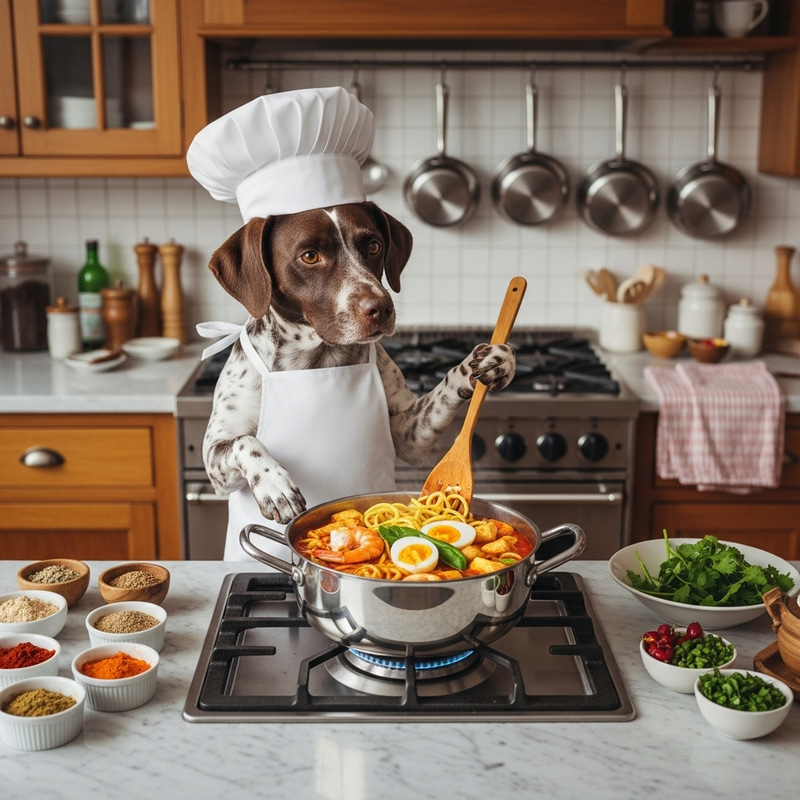 Adorable Dog Cooking Mee Curry - Kitchen Scene