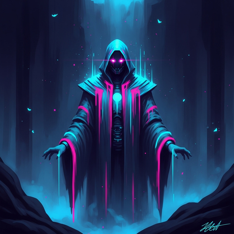 Enigmatic Cyberpunk Figure: Ethereal Neon Sci-Fi Art