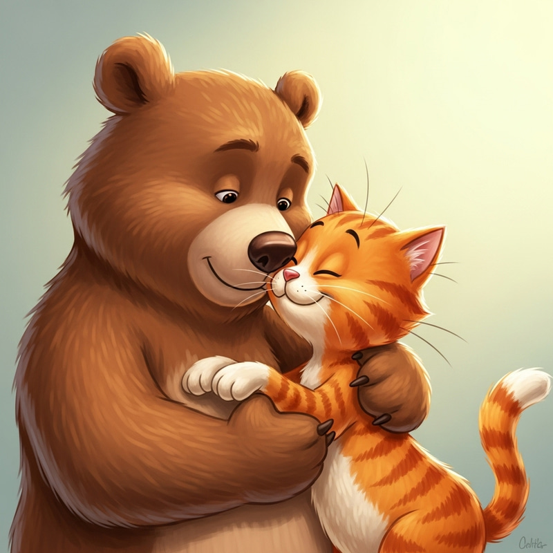 Heartwarming Bear and Cat Friendship | Vibrant Digital Painting