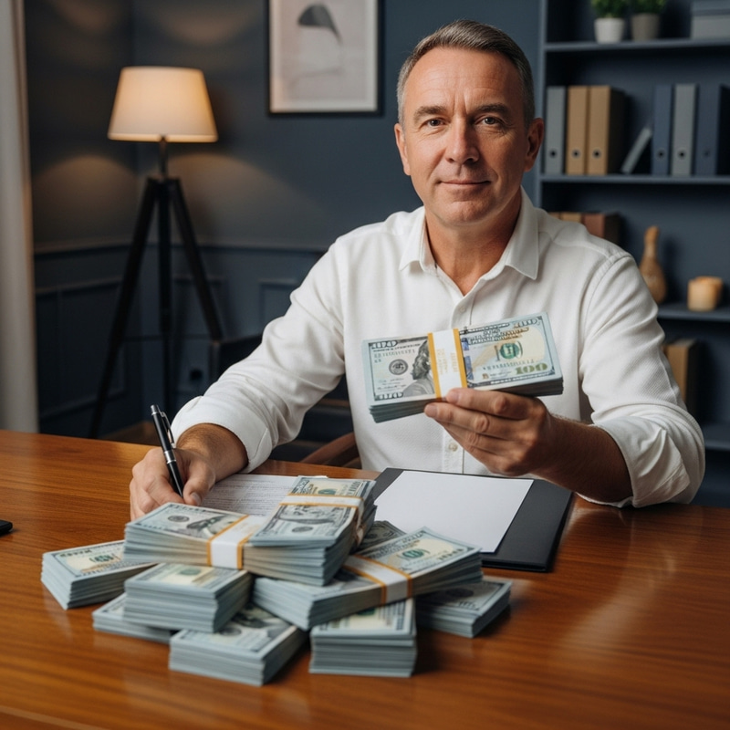 Middle-Aged Man Sitting at Wooden Table with 1000 Dollars
