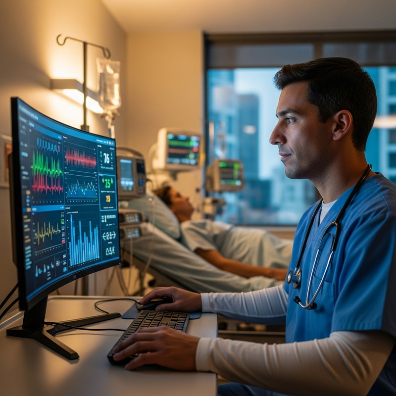 Hospital Room Patient Monitoring via Computer | Healthcare Professional Hospital Room Patient Monitoring via Computer | Healthcare Professional