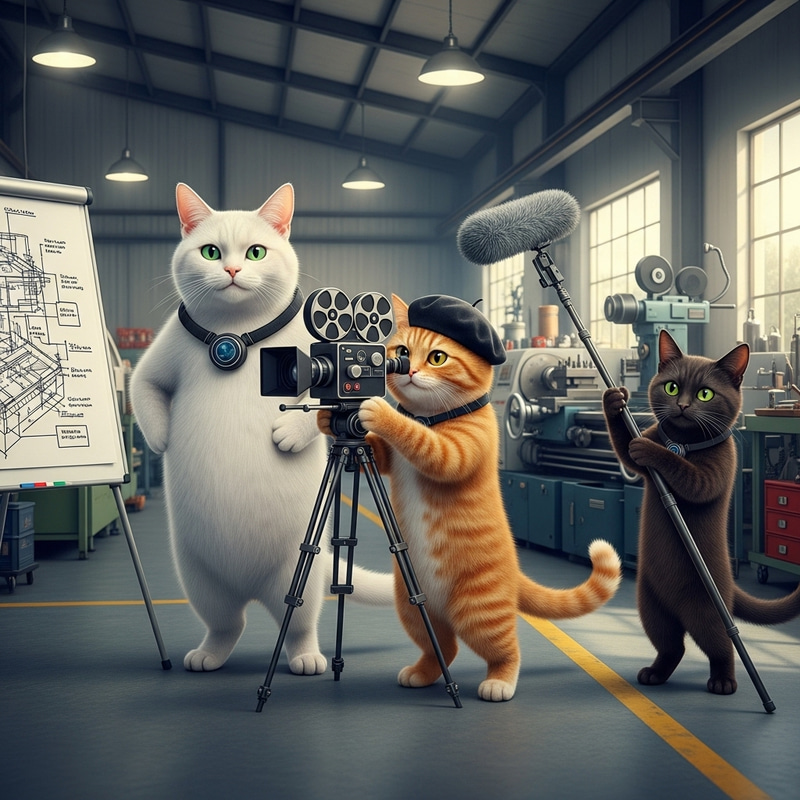 Cinematic Scene of Three Cats Filming Factory Presentation Video