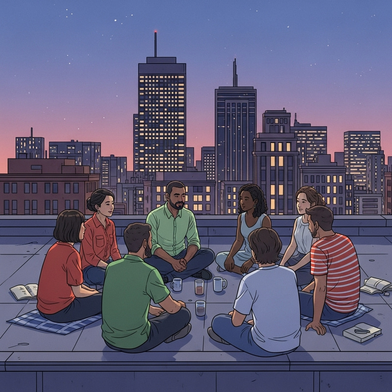 Illustrated Diverse Group Sitting on Building Rooftop Illustrated Diverse Group Sitting on Building Rooftop