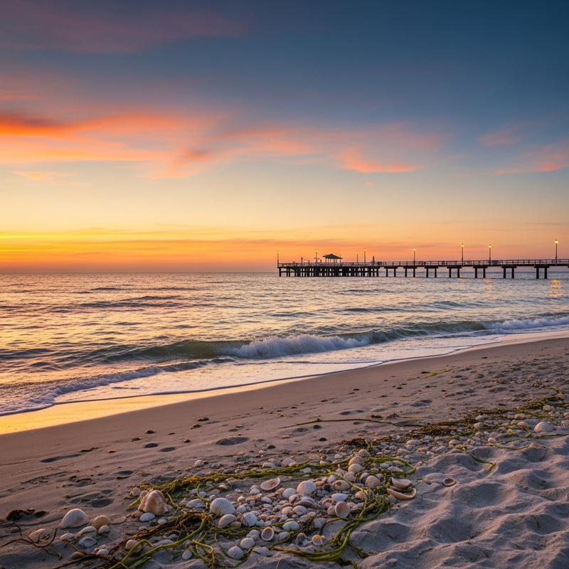 Vintage Seascape Sunset with Pier and Calm Sea Vintage Seascape Sunset with Pier and Calm Sea