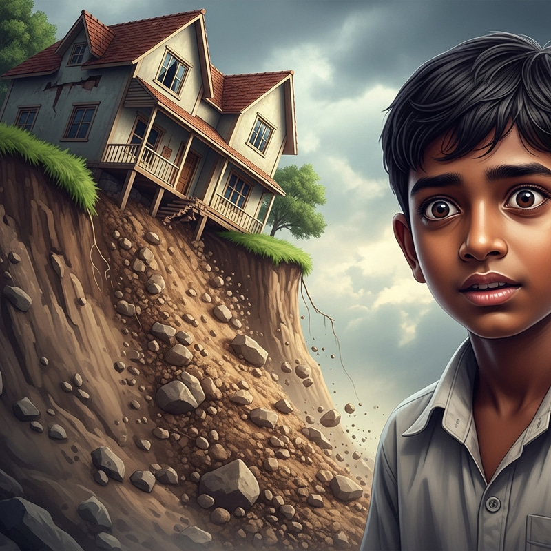 Realistic House at Risk with Child | Dramatic Landslide Scene