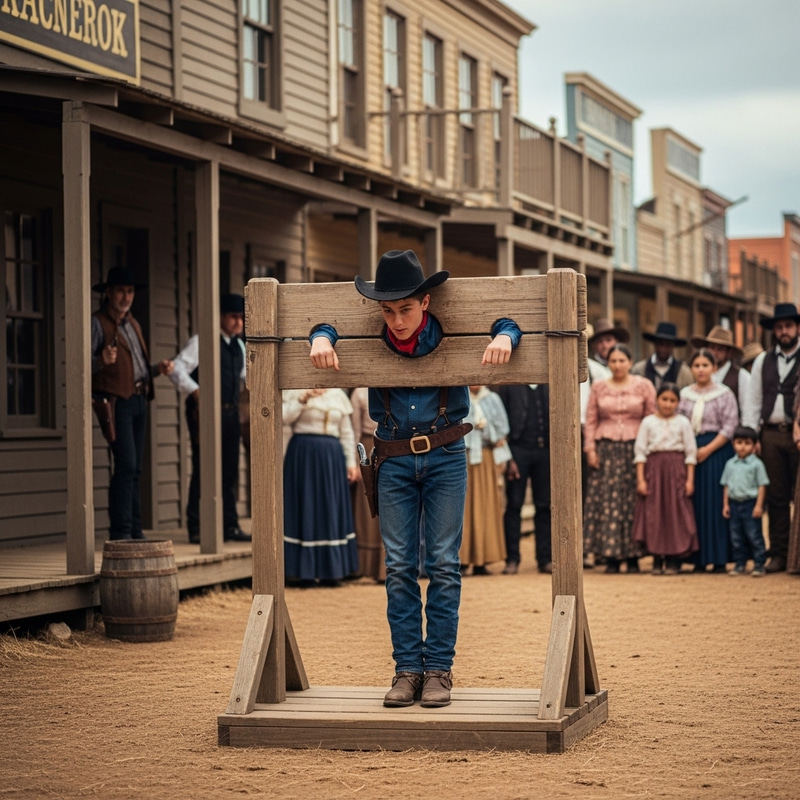 Young Cowboy in Pillory - Wild Western Scene with Diverse Spectators Young Cowboy in Pillory - Wild Western Scene with Diverse Spectators