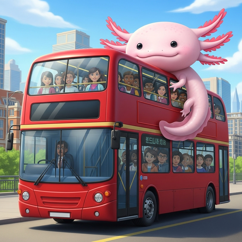 Whimsical Axolotl Plays with Colorful Double Decker Bus Whimsical Axolotl Plays with Colorful Double Decker Bus