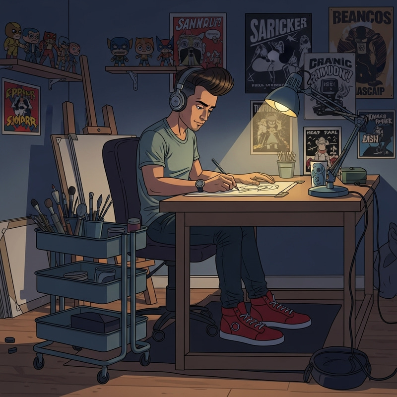 Creative Artist Drawing at Work Desk with Music and Red Sneakers