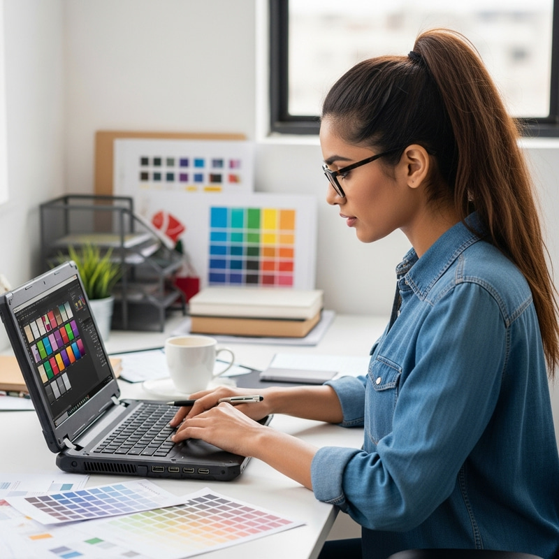 Elegant Designer Woman Creating on Laptop