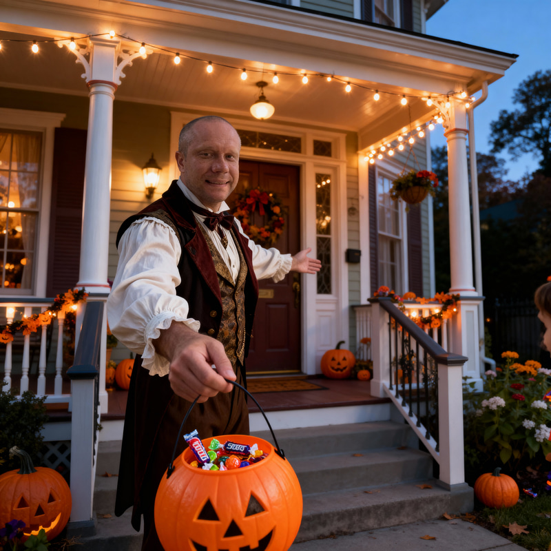 Vintage Halloween: Man in Costume at Victorian House