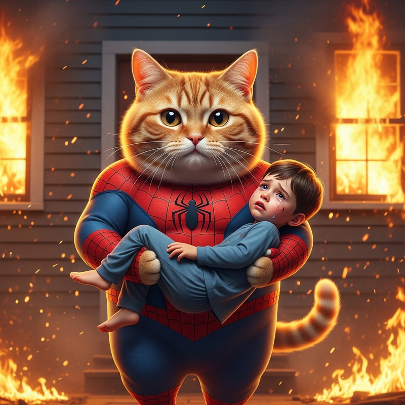 Real Life Hero: Cartoonish Chubby Ginger Cat Saves Boy in Spiderman Costume Real Life Hero: Cartoonish Chubby Ginger Cat Saves Boy in Spiderman Costume