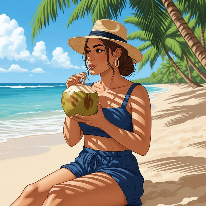 Polynesian Girl Sipping Coconut on Sandy Tropical Beach Polynesian Girl Sipping Coconut on Sandy Tropical Beach
