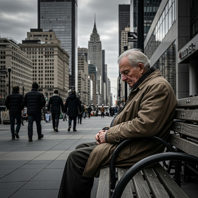 Old Depressed Man in Big City - A Moment of Solitude