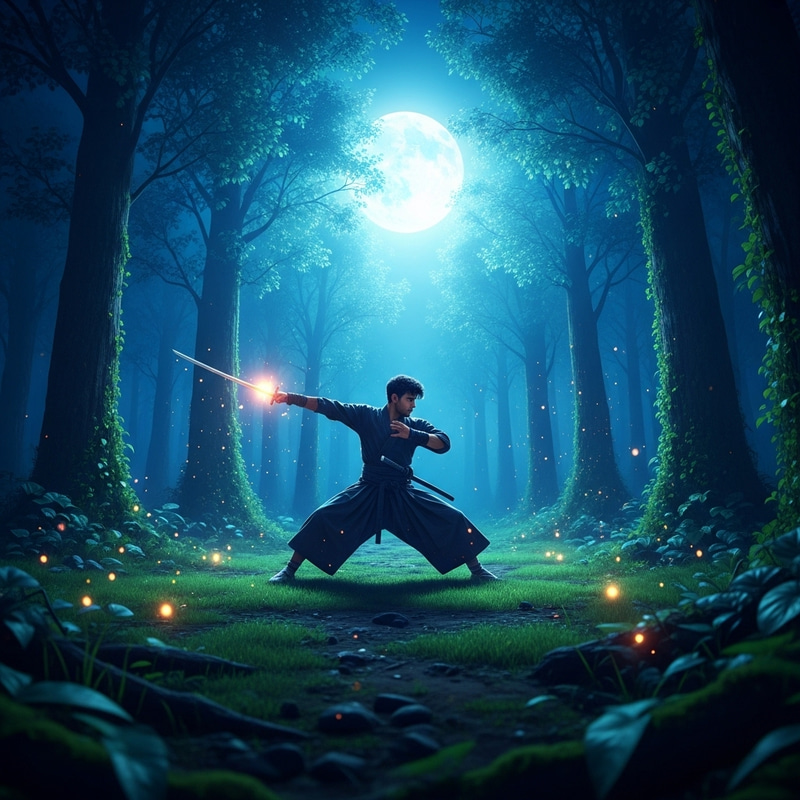 Vibrant Moonlit Samurai in Magical Forest Vibrant Moonlit Samurai in Magical Forest